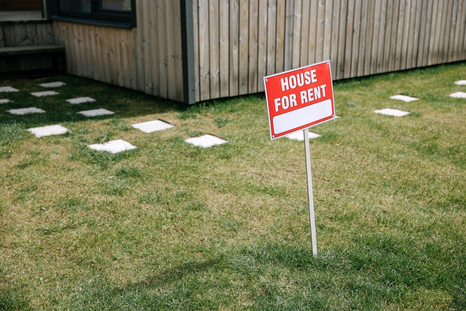 A close-up view of a red and white 'House For Rent' sign mounted on a thin metal stake, positioned in the foreground of a neatly maintained grassy lawn. The grass is a mix of green hues with some patchy areas, and small white stepping stones are embedded at regular intervals across the lawn, leading towards a wooden building with vertical paneling in natural, light-brown tones. The building's exterior is partially visible at the top left corner of the image, showing a window with a dark frame. The scene is illuminated by natural daylight, creating soft shadows and a clear, bright atmosphere. In the background, the wooden wall extends across the frame, emphasizing a residential setting. The scene exemplifies typical outdoor property signage and landscaping that might be encountered during property rental or private site clearance, relevant to rubbish removal services that support on-site waste management and independent disposal solutions often used in residential property rentals or renovation projects, as provided by Rubbish Removal Harrow.